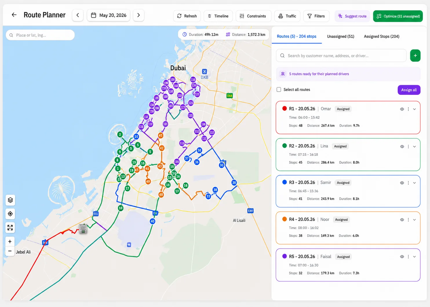 Route planner with five colour-coded multi-stop routes, the route list and driver assignments